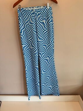Garage Blue White Warped Checkerboard Flare Pants Psychedelic Optical Illusion S